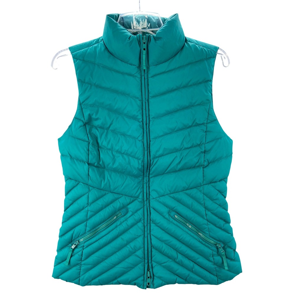 Talbots Puffer Vest Women XS Teal Chevron Quilted Down Fill Two-Way Zip
